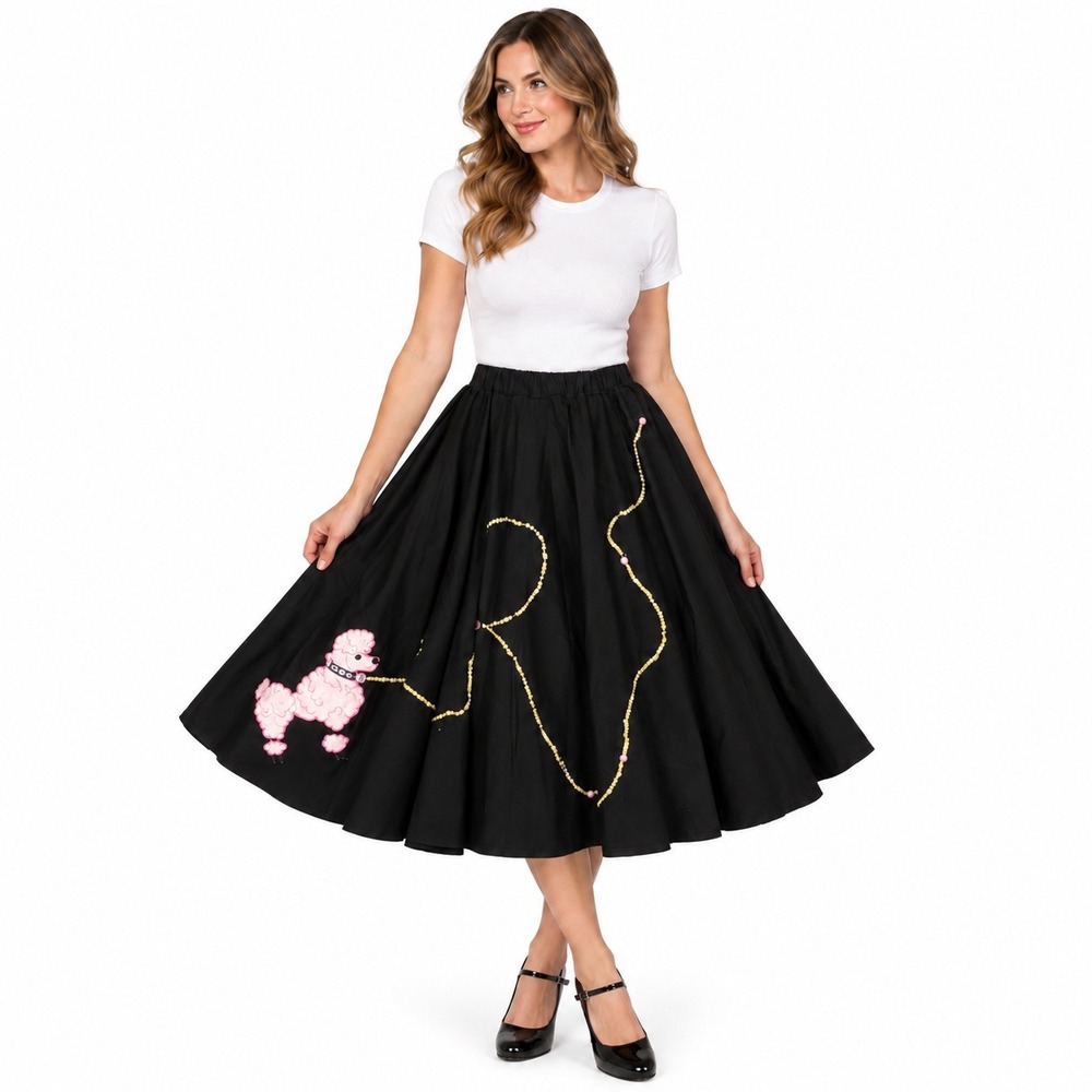 Handmade Poodle Skirt Women Size M Black Pink Retro 50s Sock Hop Pink Applique